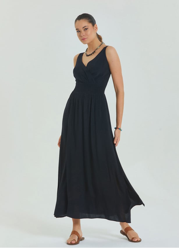 V Neck Double Breasted Black Long Dress 4560